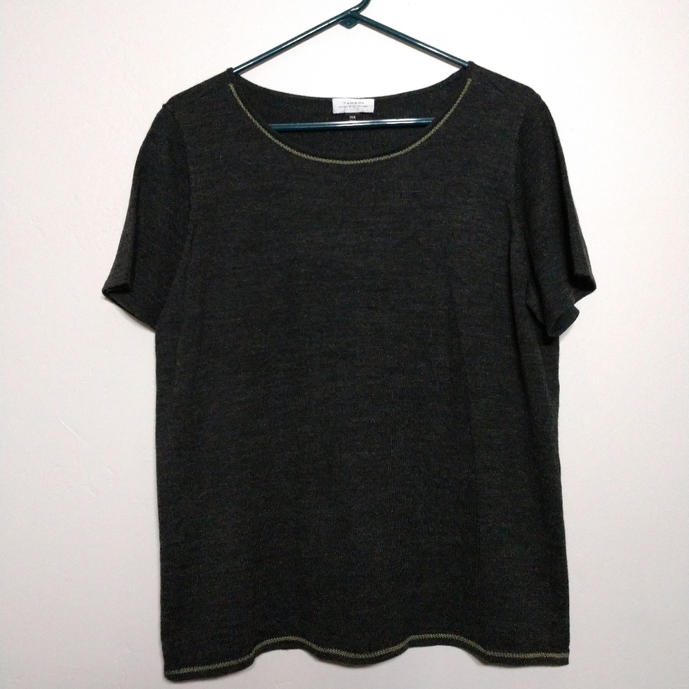 Tahari Knit Top Short Sleeve Dark Grey Size 14W Chest 42"